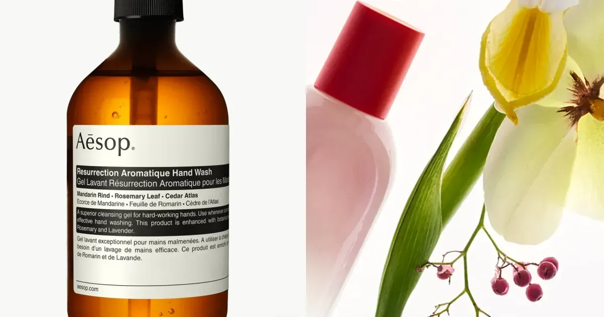 Botanical amber bottles and minimalist pink staples from official beauty storefronts