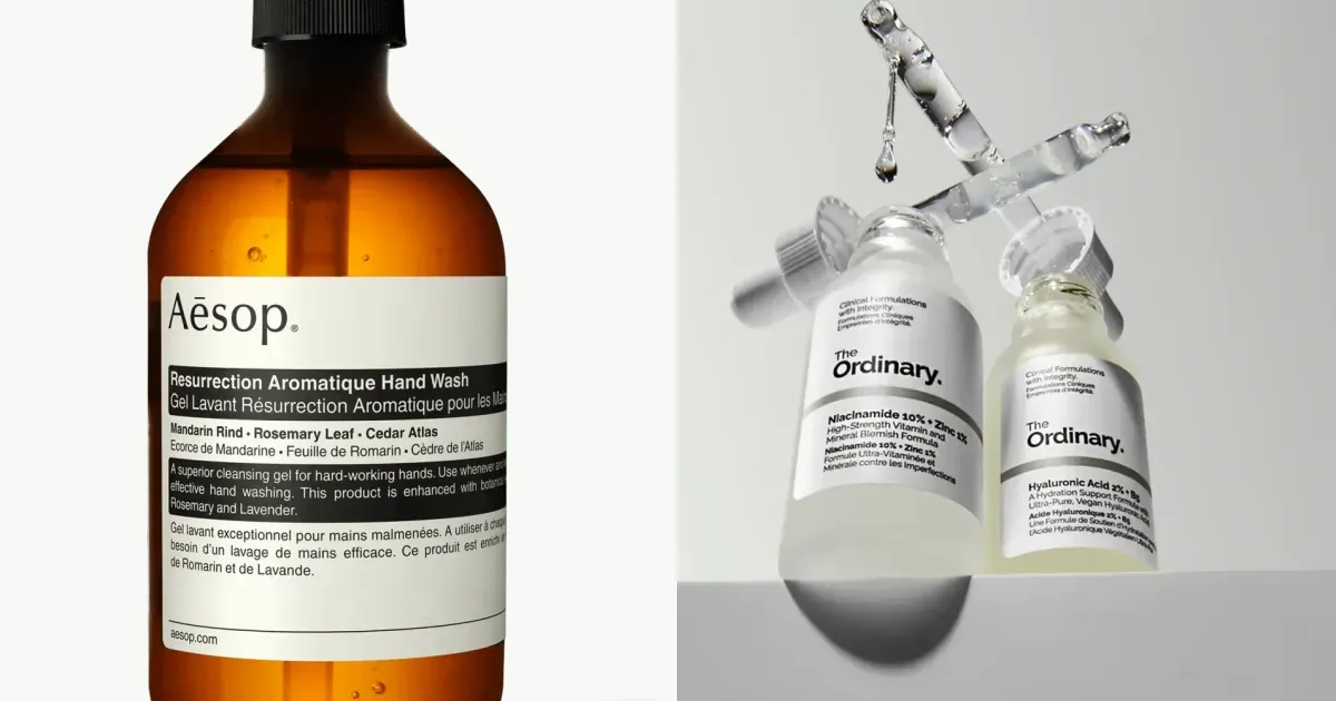 Botanical amber bottles and clinical serums from official beauty storefronts