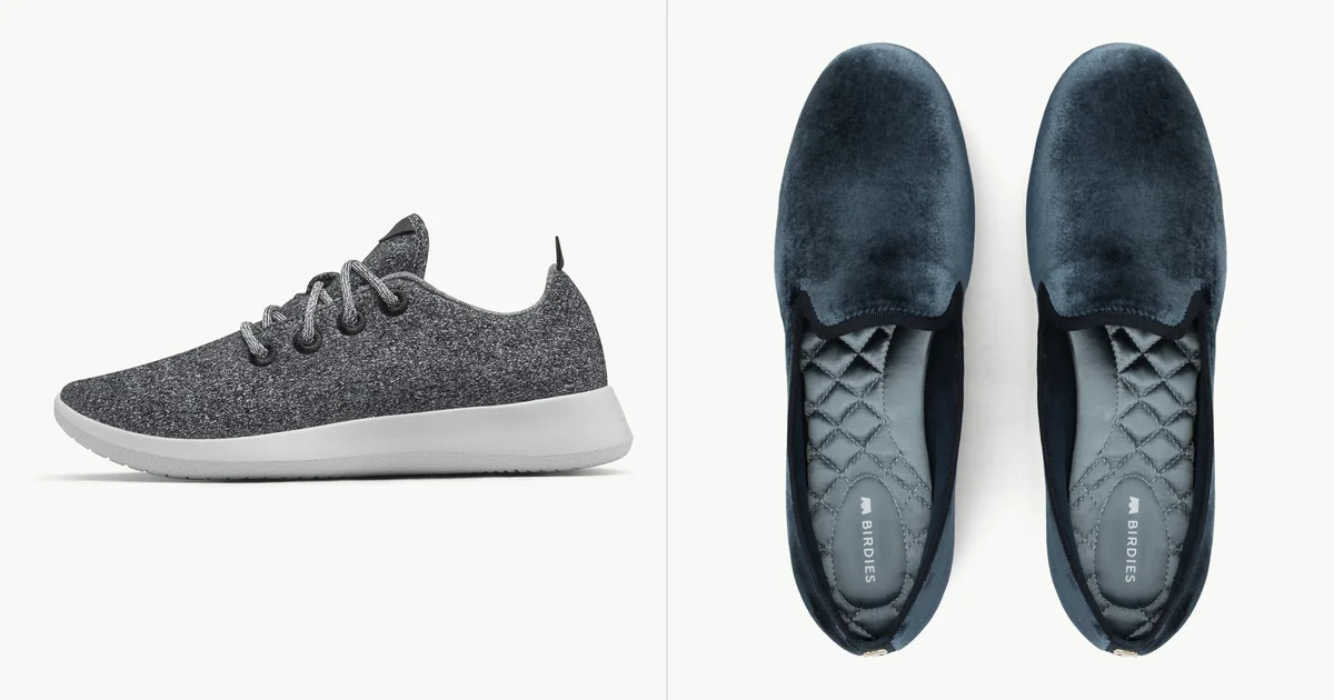 Allbirds Wool Runner sneaker beside a Birdies Starling velvet loafer, official product photos