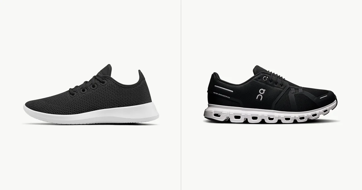 Allbirds Tree Runner sneaker beside an On Cloud 6 running shoe, official product photos