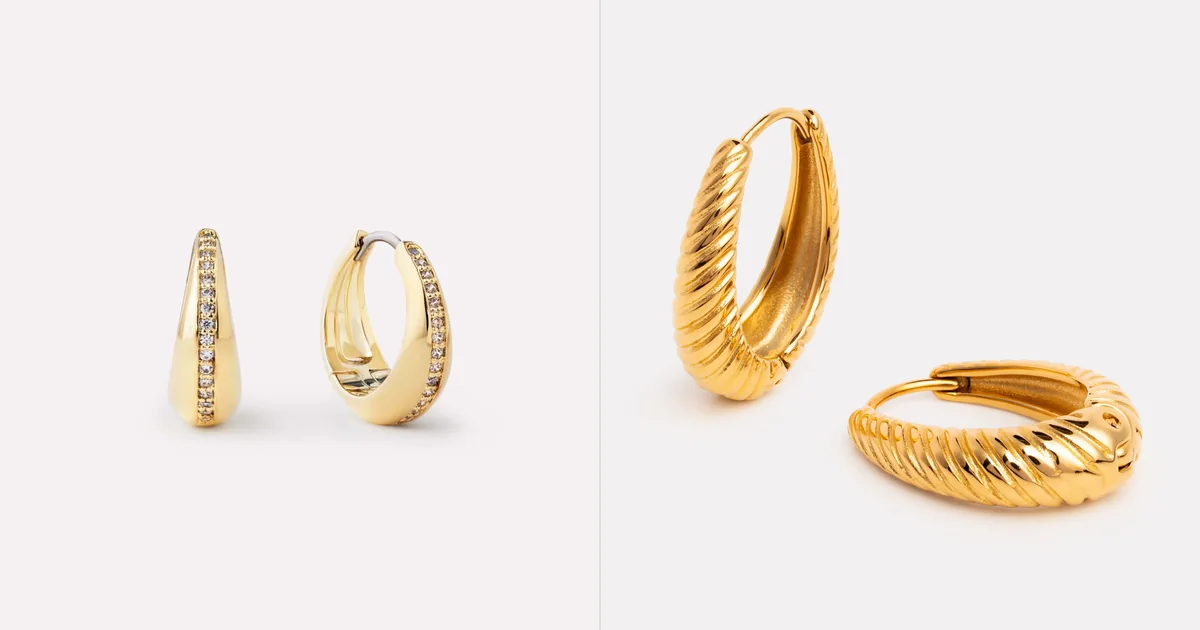 Ana Luisa Nate huggie hoops beside Atolea Portofino Hoops, official product photos