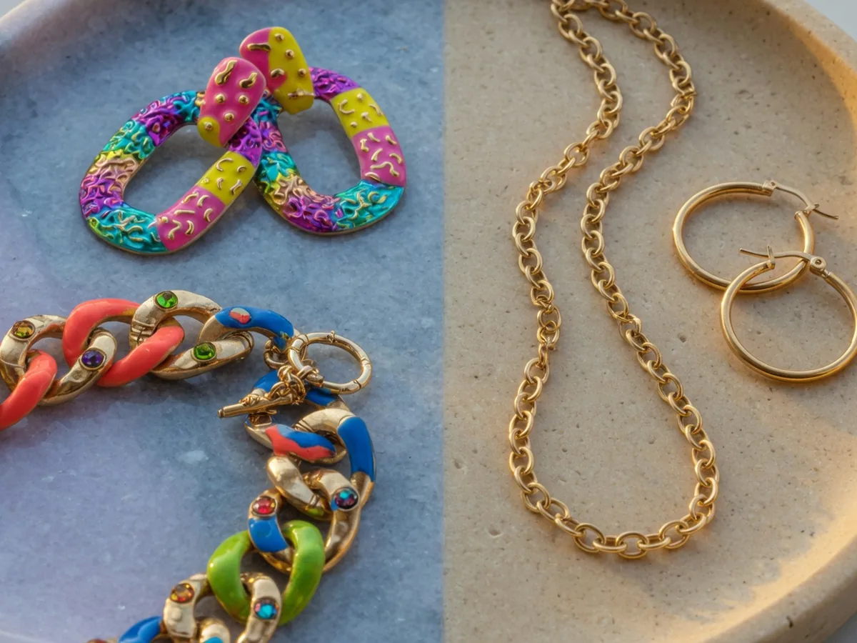 Colorful plated earrings beside a simple solid-gold chain