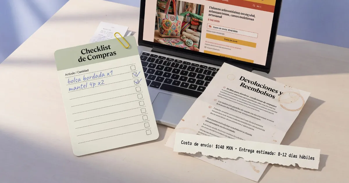 A buyer checklist beside a LATAM storefront page, freight line, and returns text