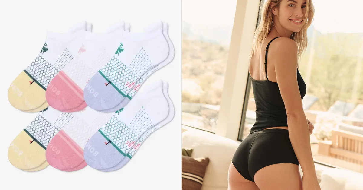 Product photography of Bombas socks alongside folded Pact apparel items