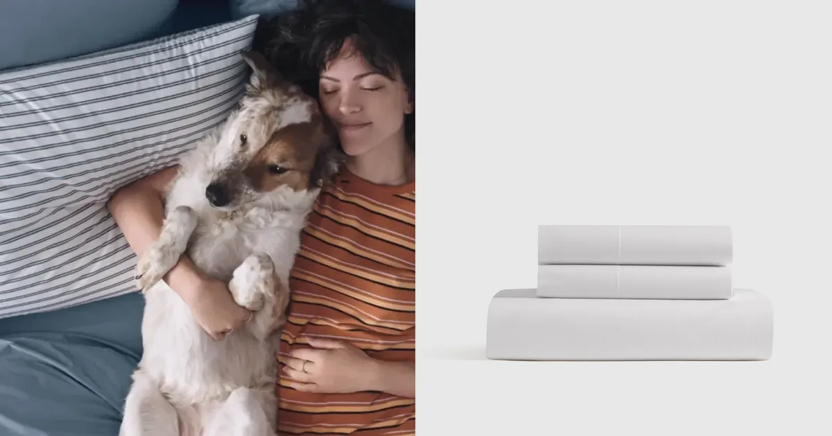 Official product photography of Brooklinen Classic Percale sheet set in solid white beside Quince Organic Crisp Percale bedding
