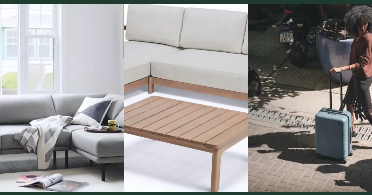 Two furniture pieces beside a shipping, returns, and assembly checklist