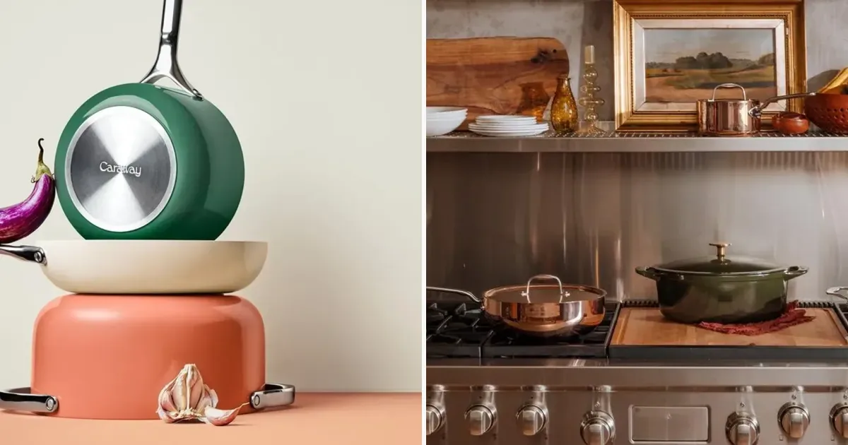 Two cookware sets beside a shipping, trial, and gift-card checklist