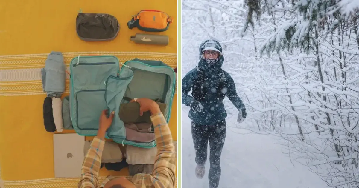 Outdoor packs and shells beside a shipping, returns, and repair checklist
