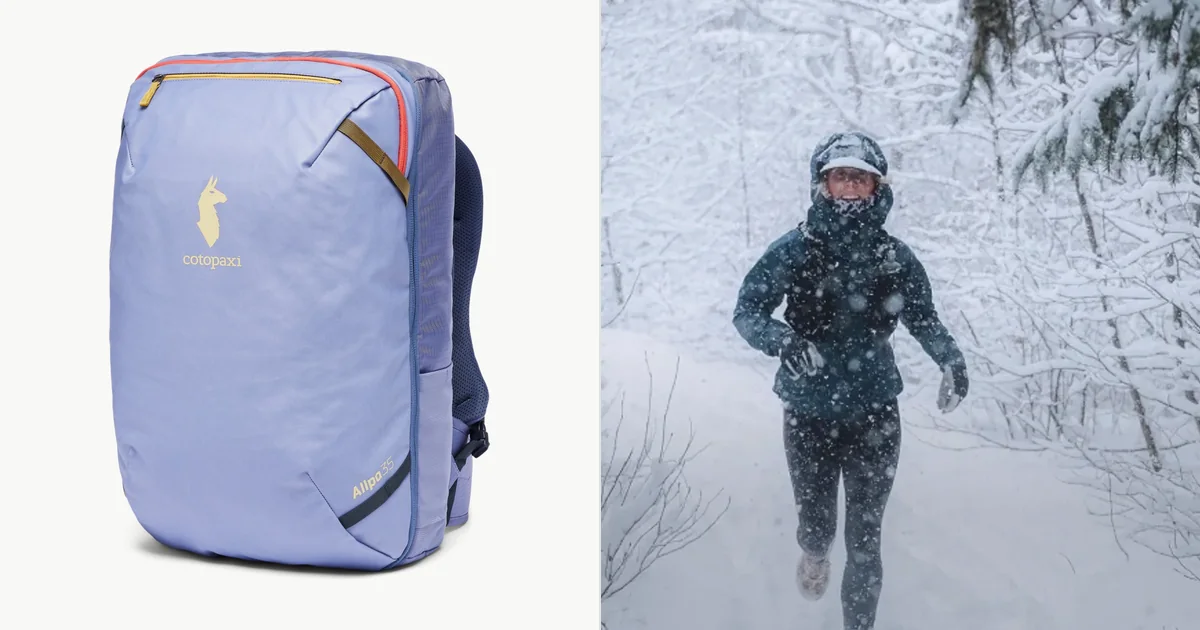Cotopaxi Allpa 35L travel pack beside a Patagonia runner on a snowy trail, official brand photos