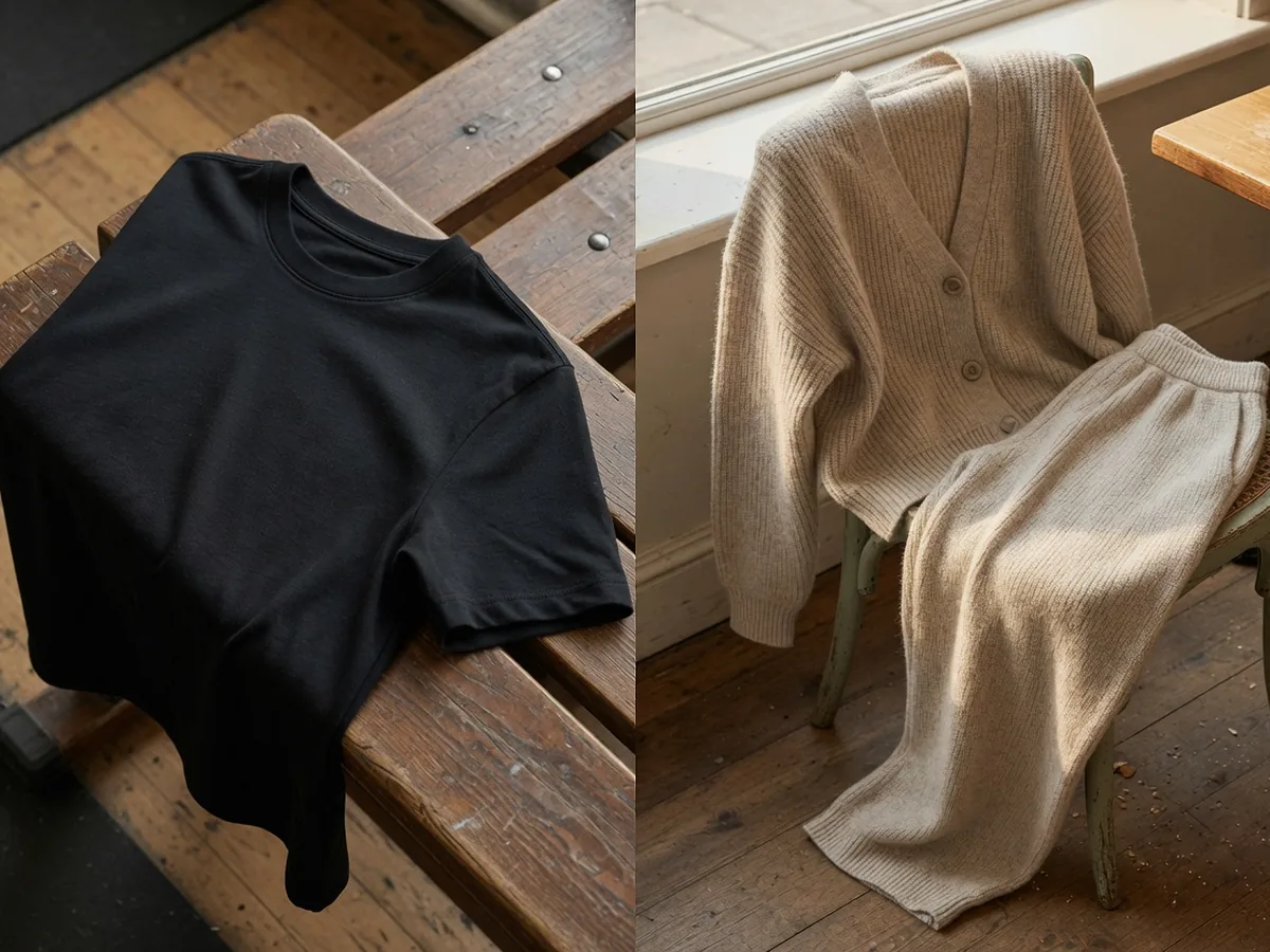 A men's black refined tee beside a women's oatmeal knit set