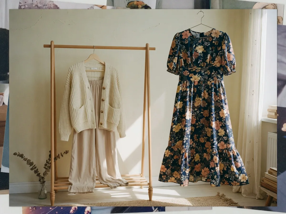 Cream Nordic knit set beside a floral occasion midi dress