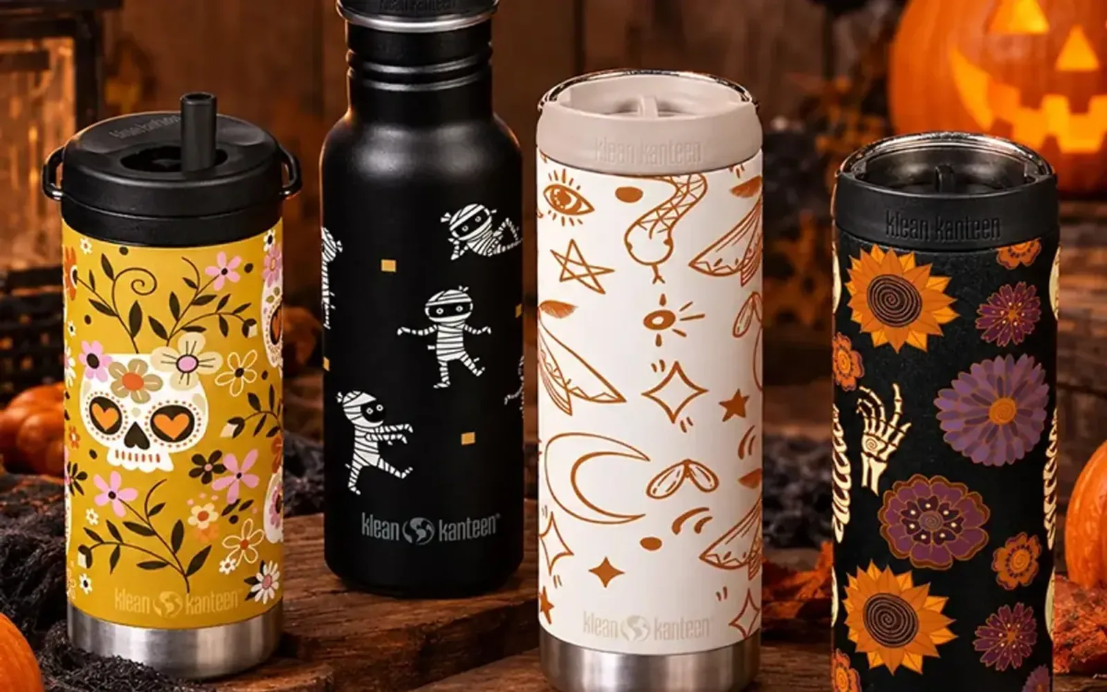 Four insulated bottles in mixed prints