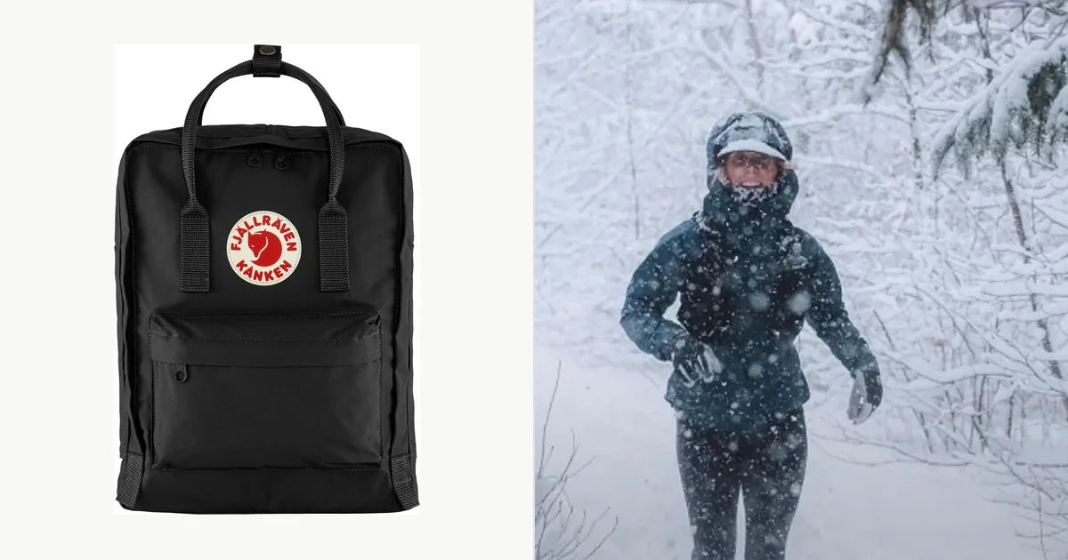 Fjällräven Kånken backpack beside a Patagonia runner on a snowy trail, official brand photos