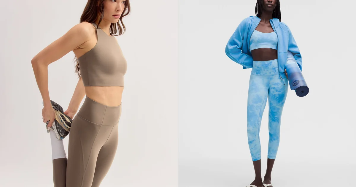 Girlfriend Collective Compressive High-Rise Legging beside the lululemon Align High-Rise Pant, official product photos