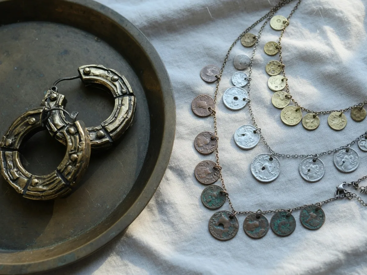 Sculptural hoops on a brass tray beside delicate coin-pendant layers