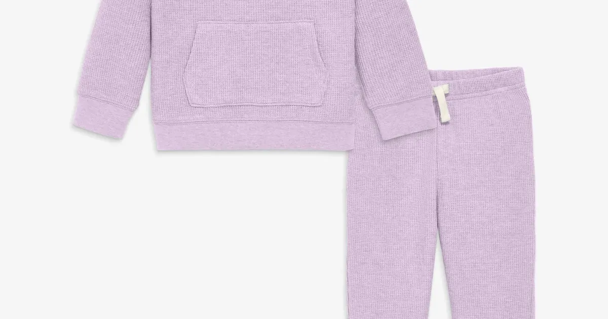 Lilac kids hoodie and pants from a color-block basics storefront