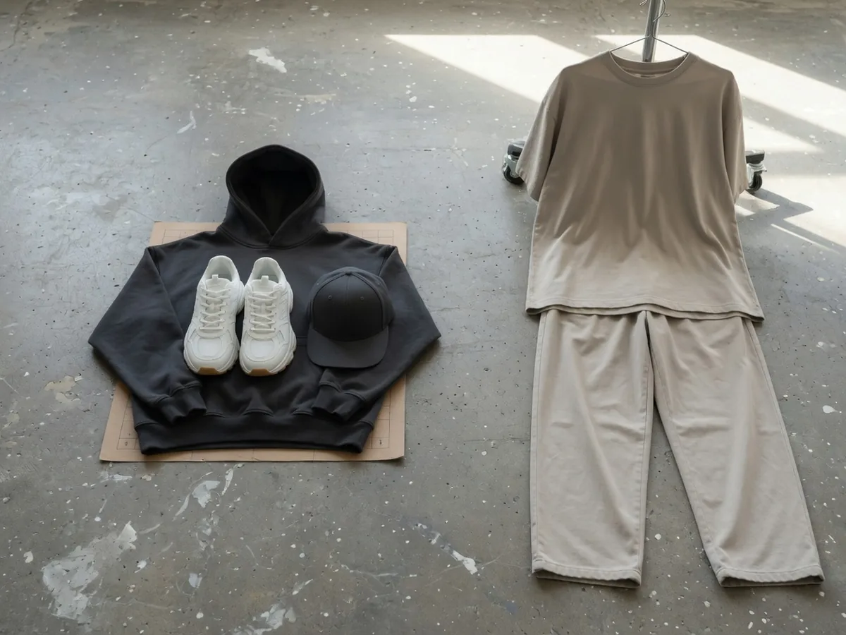 A streetwear capsule laid out beside an oversized essentials set