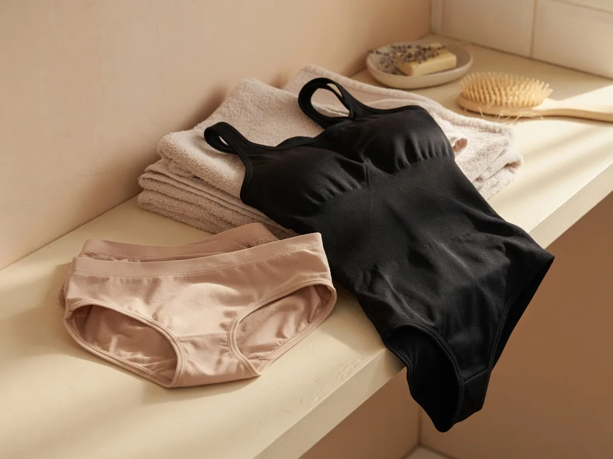 Leakproof briefs beside a shaping bodysuit on a linen shelf