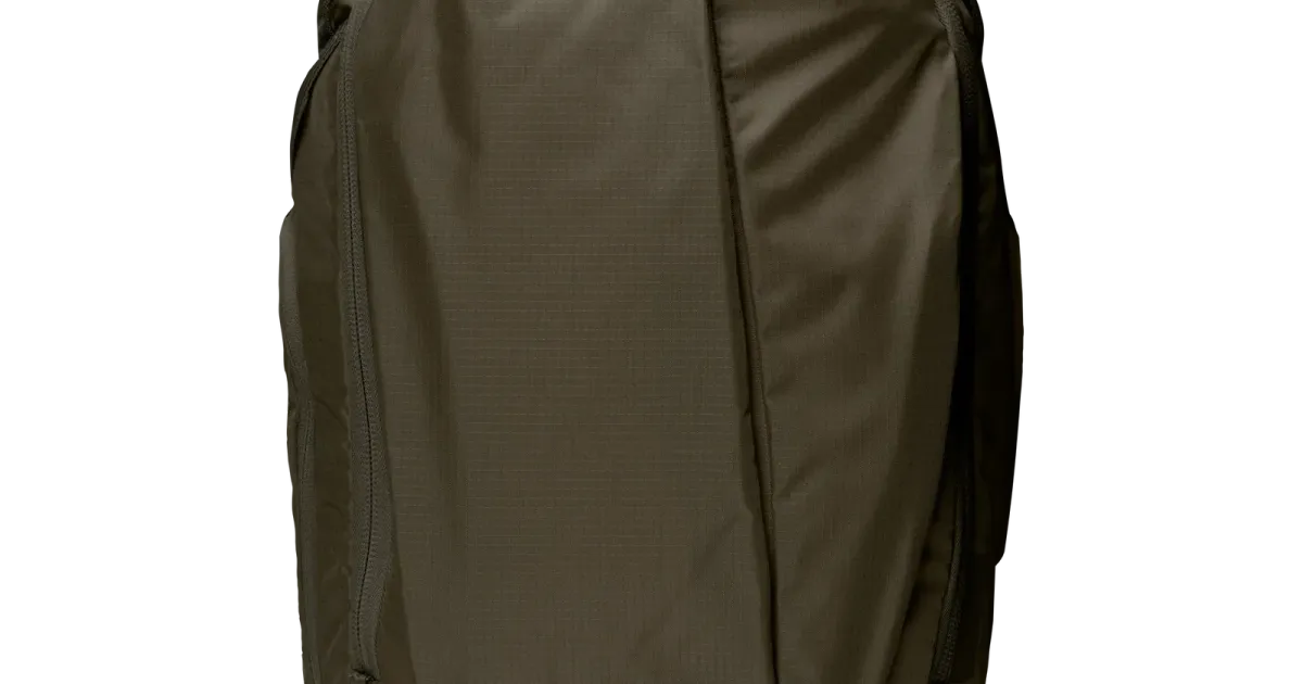Olive travel backpack on a dark field — the parcel a duty line is written for