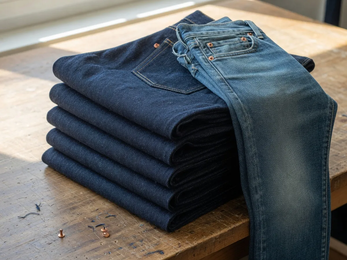 Rigid dark indigo jeans beside a lighter stretch fashion jean