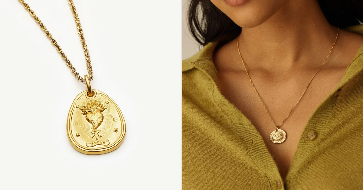 Missoma Heart Talisman necklace beside a Talisman pendant worn on a chain, official product photos