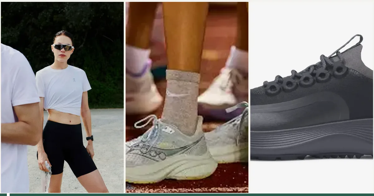 Two run shoes beside a shipping, returns, and size checklist