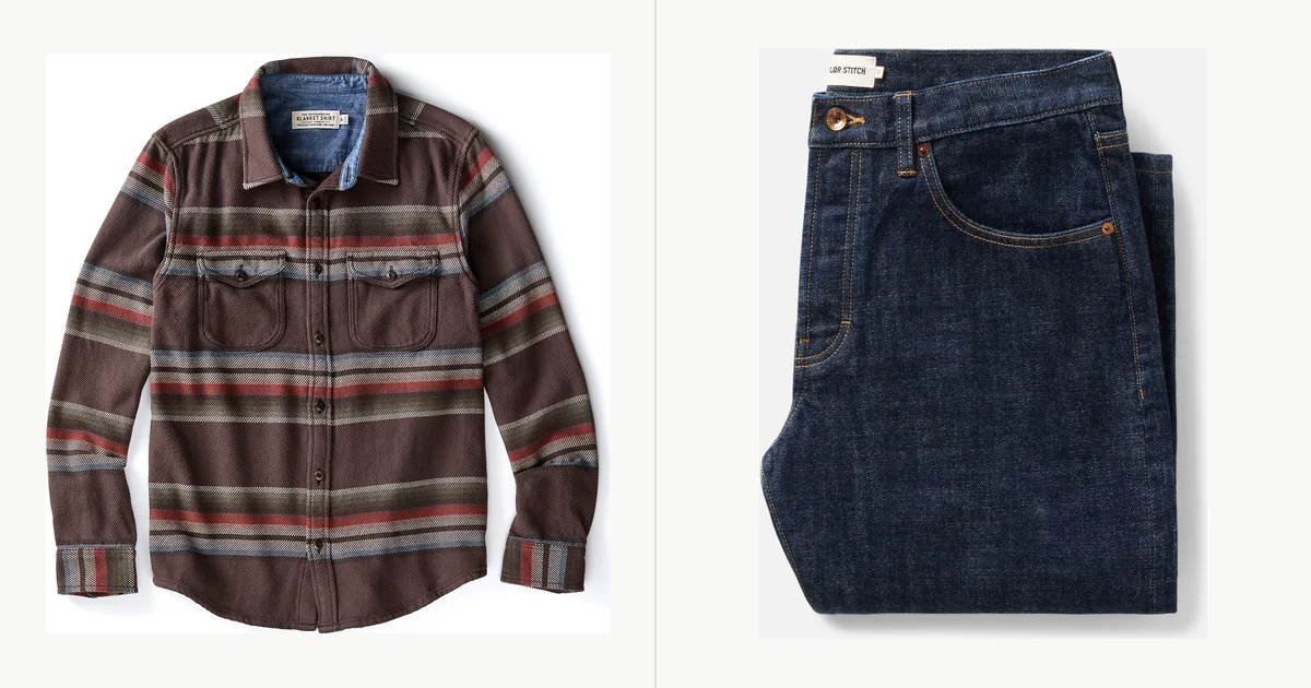 Outerknown Blanket Shirt beside a Taylor Stitch Democratic Jean in organic selvedge, official product photos