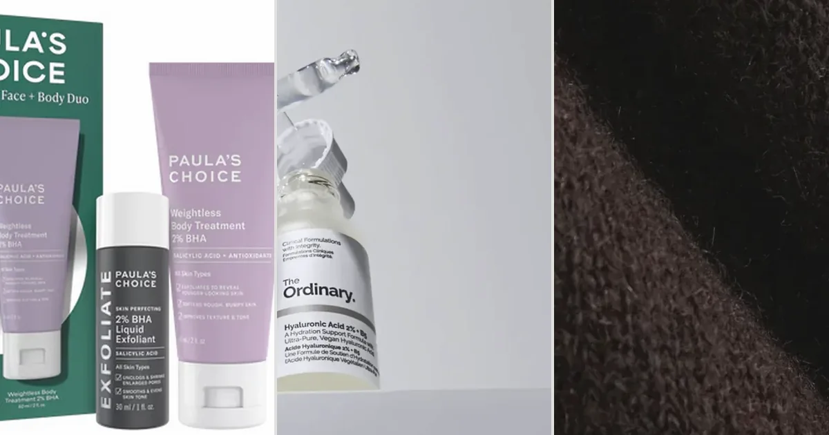 Two skincare bottles beside a shipping, returns, and shade checklist