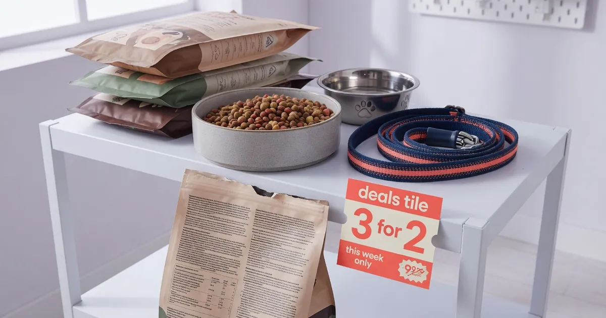 Pet supply shelves beside a store page, an ingredient panel, and a deals tile