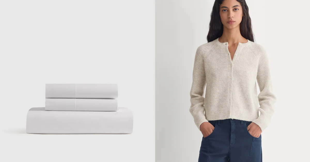 Official product photos displaying an Everlane ribbed cropped cardigan in alpaca and a Quince organic crisp percale fitted sheet set.
