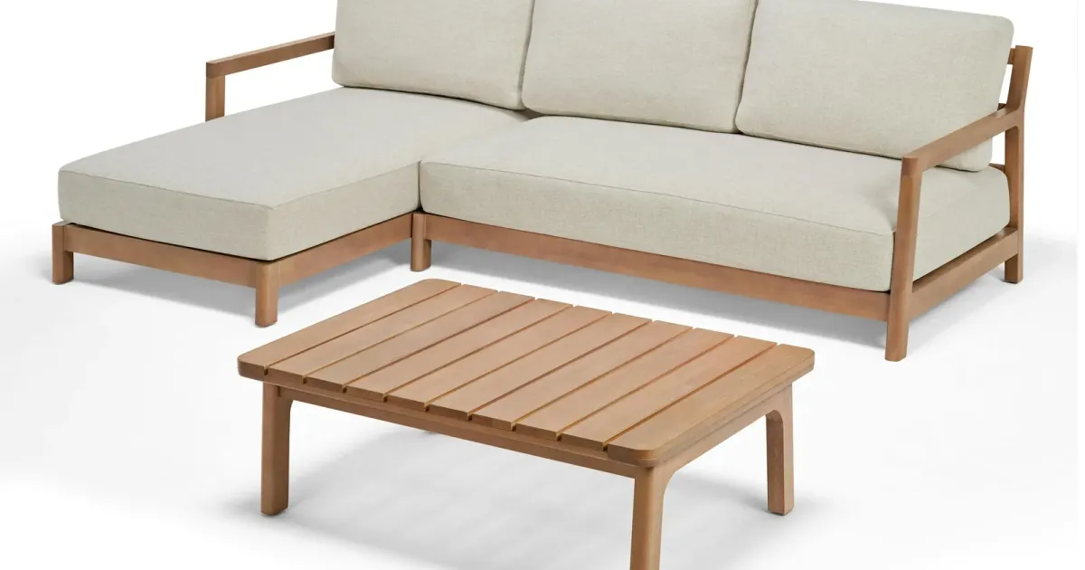 Outdoor sofa and coffee table on white — the object a returns table is written for