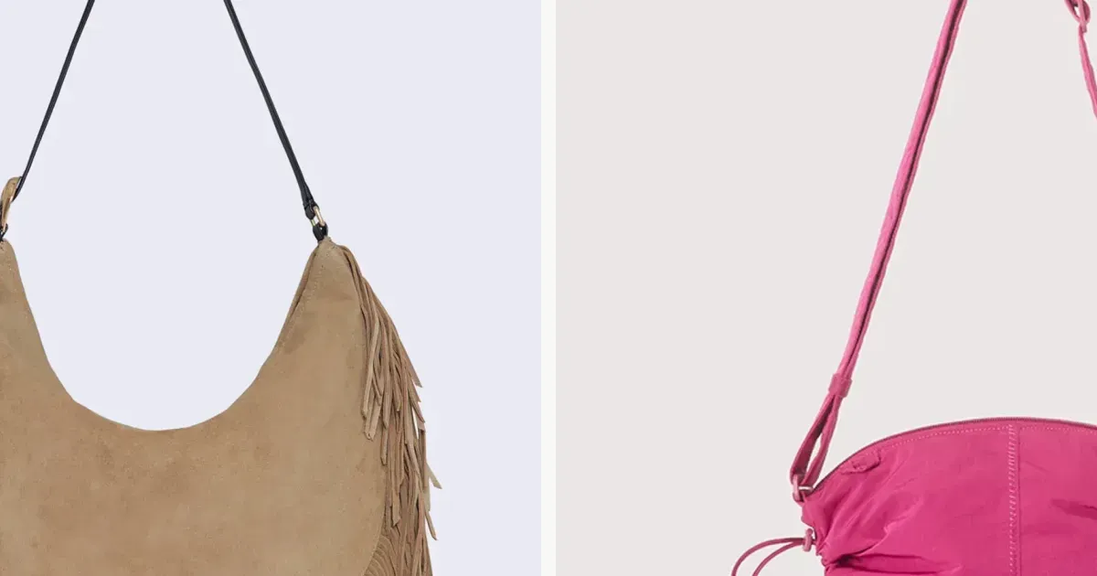 Designer handbags beside structured work and travel bags, with a price and returns checklist