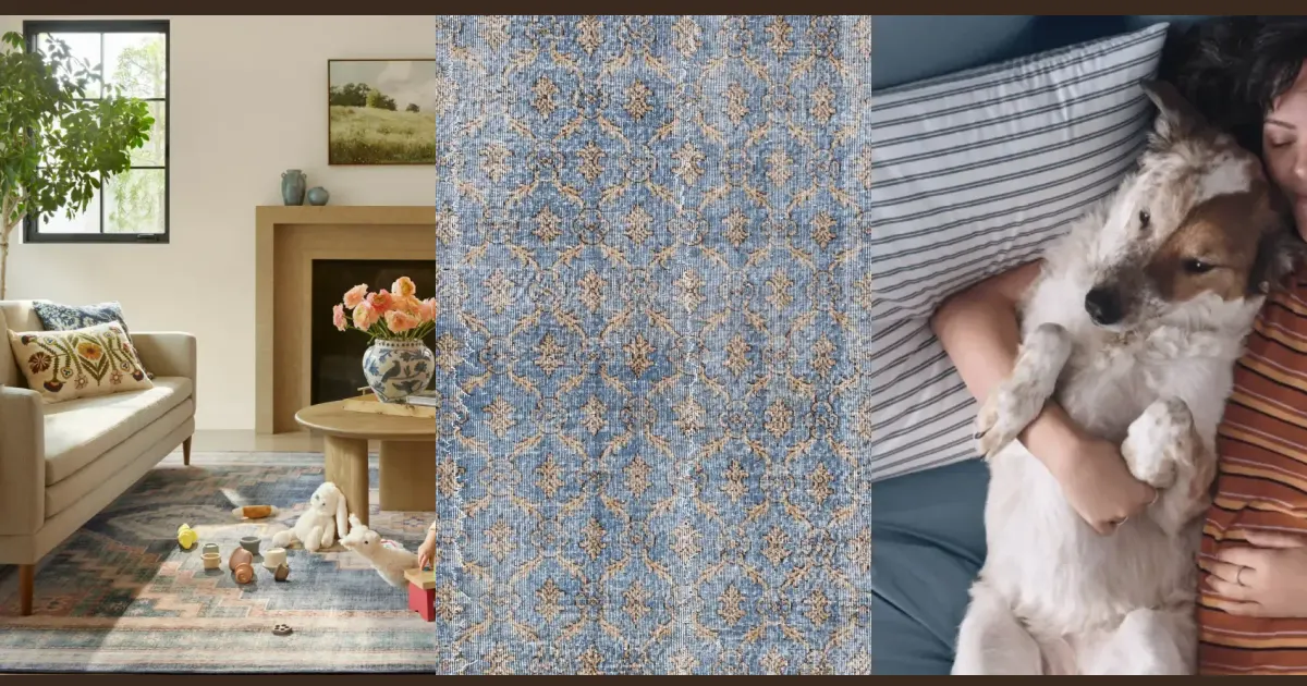 Two rugs beside a shipping, returns, and wash checklist