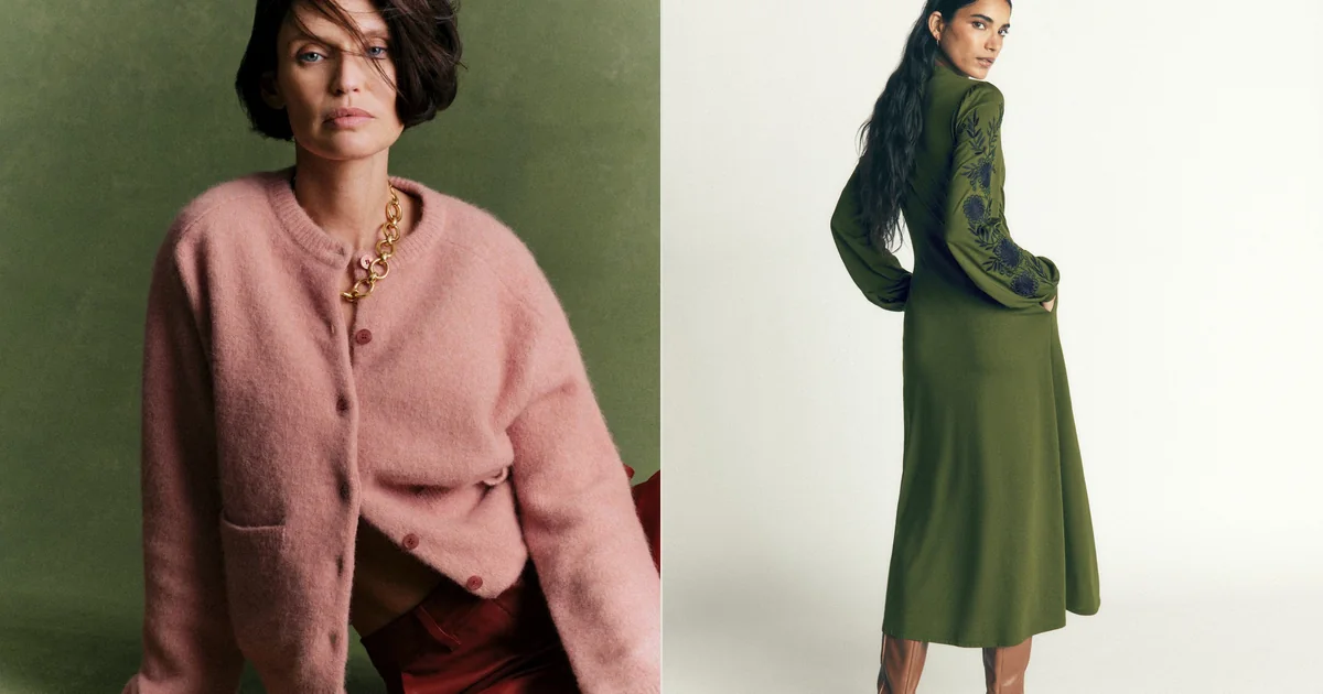 Sézane knit cardigan from Sézane's official imagery beside a Boden Juliet Jersey Midi Dress, official brand photos