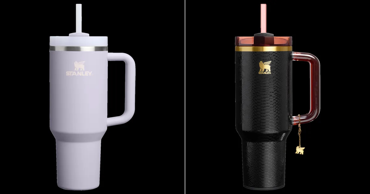 Official product photos of the Stanley Quencher H2.0 Flowstate Tumbler in Purple Dust and Quencher Luxe H2.0 FlowState Tumbler.