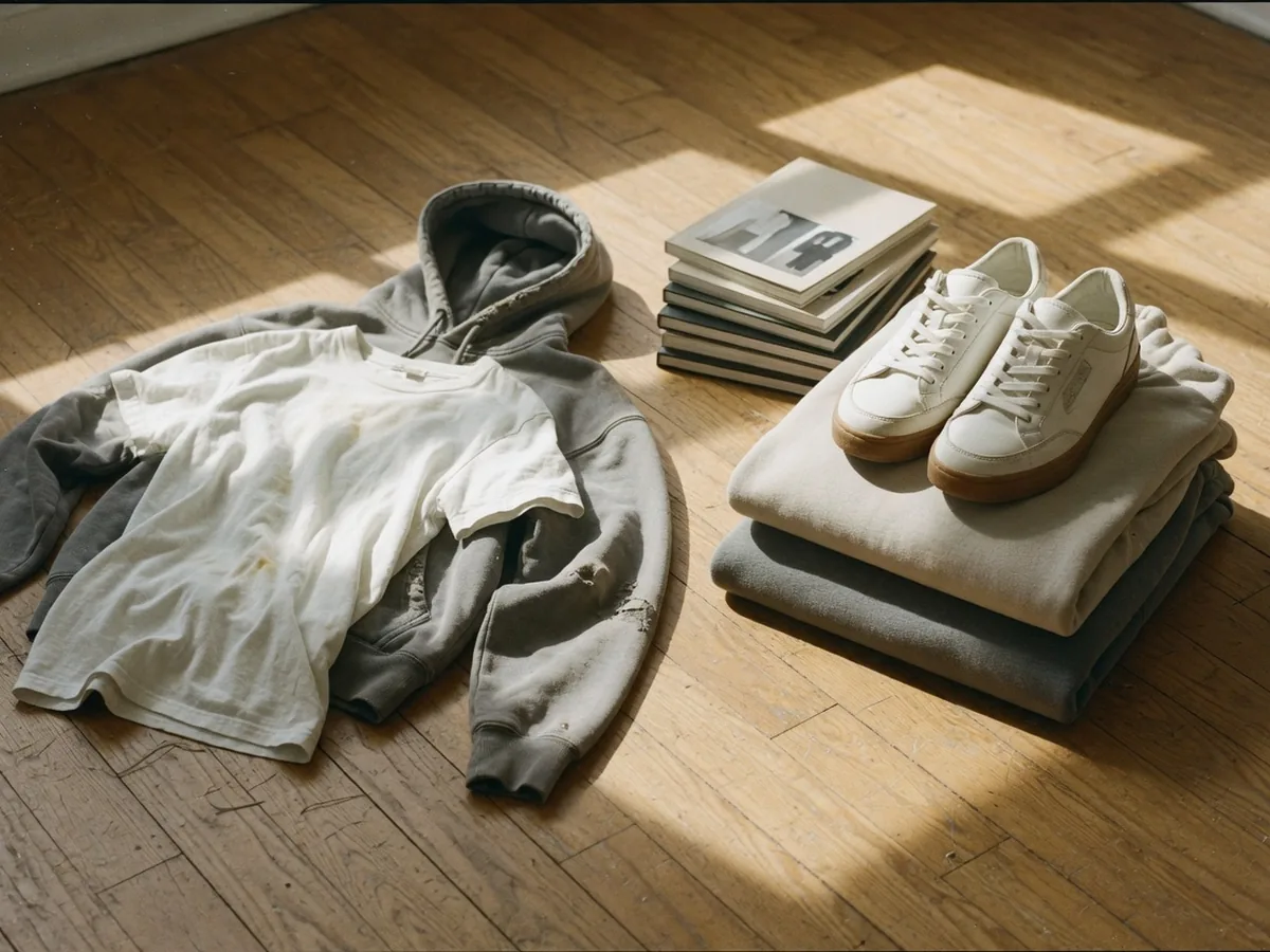 Streetwear tee and hoodie beside a folded elevated street capsule