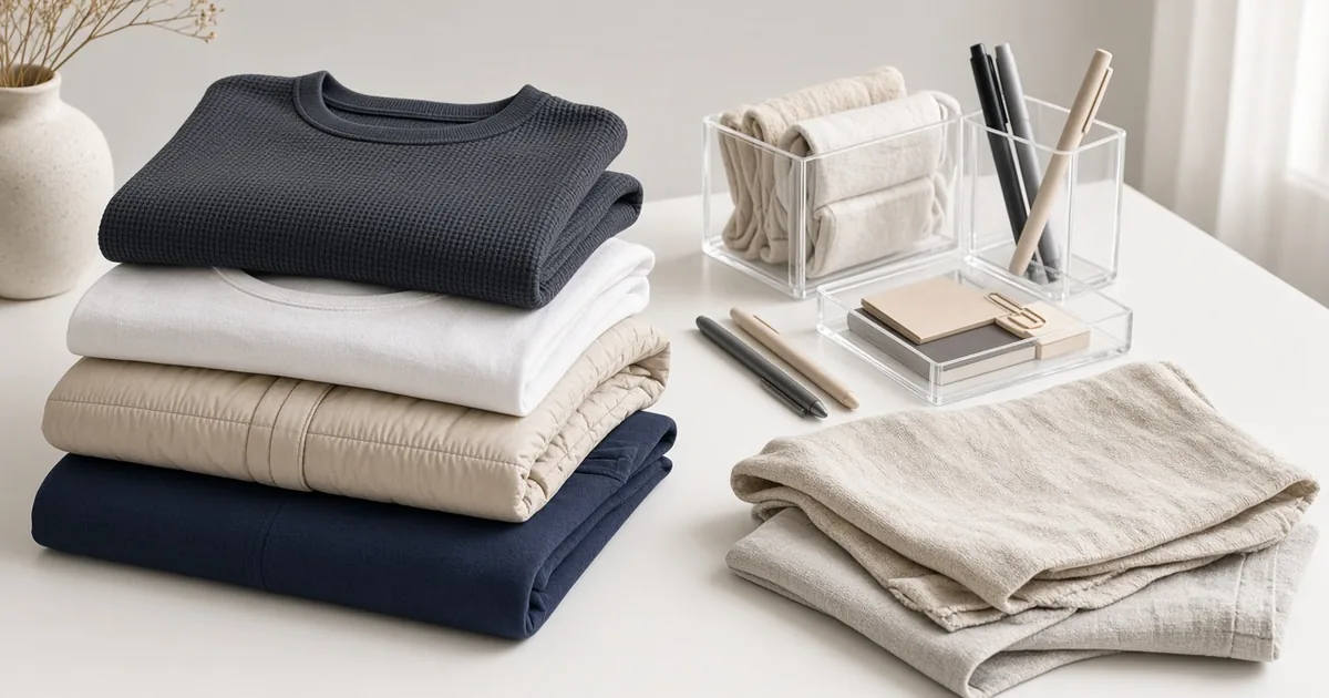 Named apparel basics and seasonal layers beside quiet unbranded home essentials and stationery