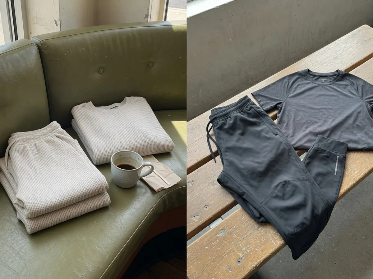 An oatmeal cafe knit set beside charcoal training joggers
