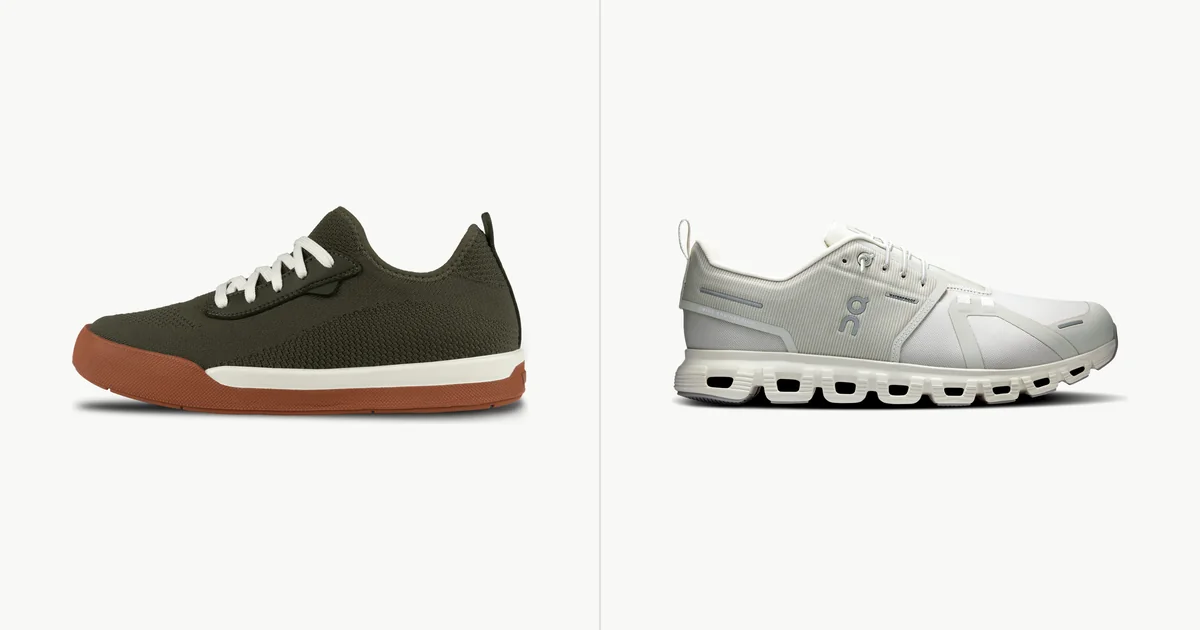 Vessi Weekend Classic sneaker beside an On Cloud 6 Waterproof shoe, official product photos