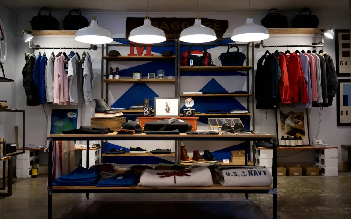 Clothing shop interior with a display table and hanging garments